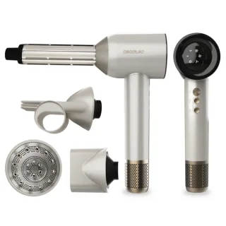 Cecotec DryGlam Waves Champagne Secador de Pelo 4 en 1 - Potencia 1600W - Velocidad 110000rpm - Pantalla Digital - Silencioso - Temperatura Regulable - Motor sin Escobillas - Color Blanco