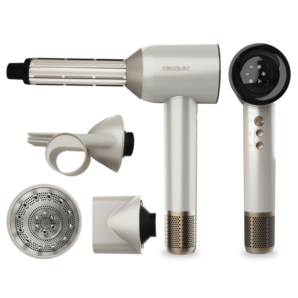 Cecotec DryGlam Waves Champagne Secador de Pelo 4 en 1 - Potencia 1600W - Velocidad 110000rpm - Pantalla Digital - Silencioso - Temperatura Regulable - Motor sin Escobillas - Color Blanco