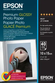 Epson Premium Glossy Photo Pack de 40 Hojas de Papel Fotografico - 10x15cm - Gramaje de 255g/m2 - Acabado Brillante - Compatible con Impresoras Inkjet - Color Blanco