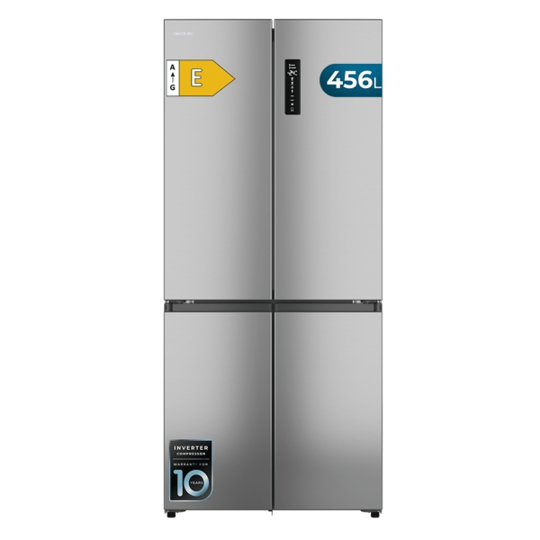 Cecotec Bolero CoolMarket 4D 456 SBI Inox E Frigorifico Americano 4 Puertas - Capacidad 456L - Silencioso 35dB - Luz LED - Pantalla en Puerta - Compresor Inverter - Modo Vacaciones - Color A
