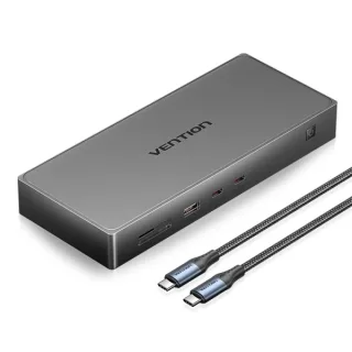 Vention Estacion de Docking 10 en 1 - 100W - Cable 0.5m - Ethernet RJ45 - HDMI 4K - Displayport - 5xUSB-C - USB-A - Tarjeta TF - SD - Power Delivery - Color Gris