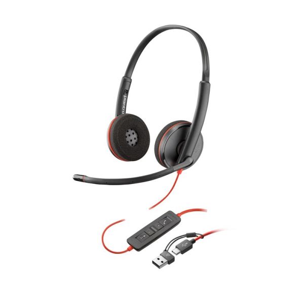 HP Poly Blackwire 3220 USB-C Auriculares con Microfono - Almohadillas Acolchadas - Controles en Cable - Adaptador USB-A - Color Negro
