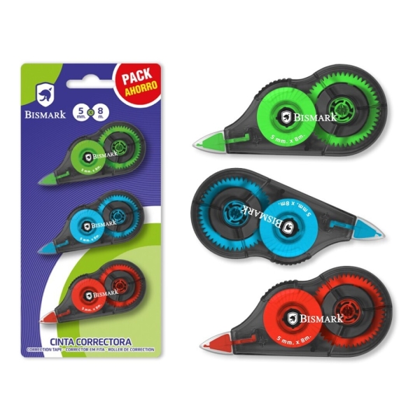 Bismark Pack de 3 Cintas Correctoras 5mmx8m - Perfecta Adherencia al Papel - Presentacion en Blister - Colores Surtidos · Pack de 12 uds.