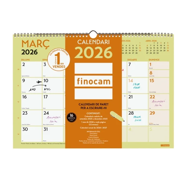 Finocam Grafik Calendario de Pared en Catalan - Anual 2026 - 420x10x300mm - Espacio para Escribir - Color Surtidos