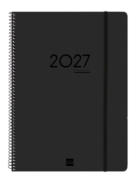 Finocam Ikon Agenda de Espiral Internacional - 16 Meses - Semana Vista Vertical - Formato E40 - 210x297mm - Tapas de PP - Papel de 80g/m2 - Goma Elastica - Adhesivos Tematicos - Color Negro
