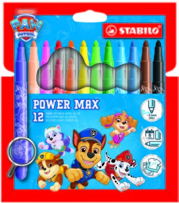 Stabilo Power Max Patrulla Canina Pack de 12 Rotuladores de Punta Gruesa con Diseños de la Patrulla Canina - Trazo 3mm - Tinta Lavable - No se Seca - Colores Surtidos
