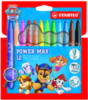Stabilo Power Max Patrulla Canina Pack de 12 Rotuladores de Punta Gruesa con Diseños de la Patrulla Canina - Trazo 3mm - Tinta Lavable - No se Seca - Colores Surtidos