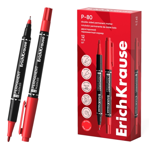 ErichKrause Double P-80 Rotulador Permanente Doble - Punta de Bala de 1.65mm - Punta de Aguja de 0.45mm - Resistente al Agua y a la Luz - Multisuperficie - Cuerpo Redondo - Color Rojo · Pack