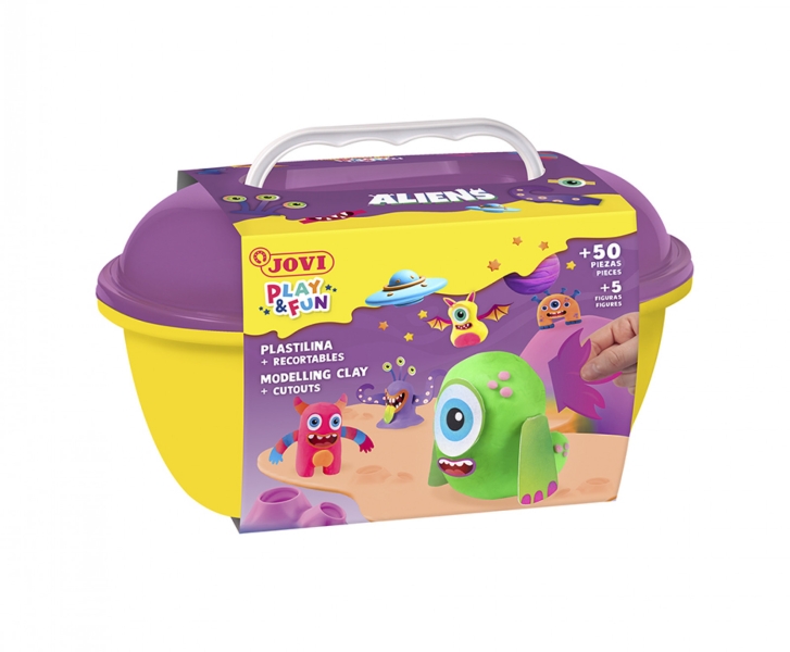 Jovi Play & Fun Cofre Aliens con 24 Barras de Plastilina 15gr + Modeladores + Recortables - Sin Gluten - Base Vegetal - No se Seca - Colores Surtidos