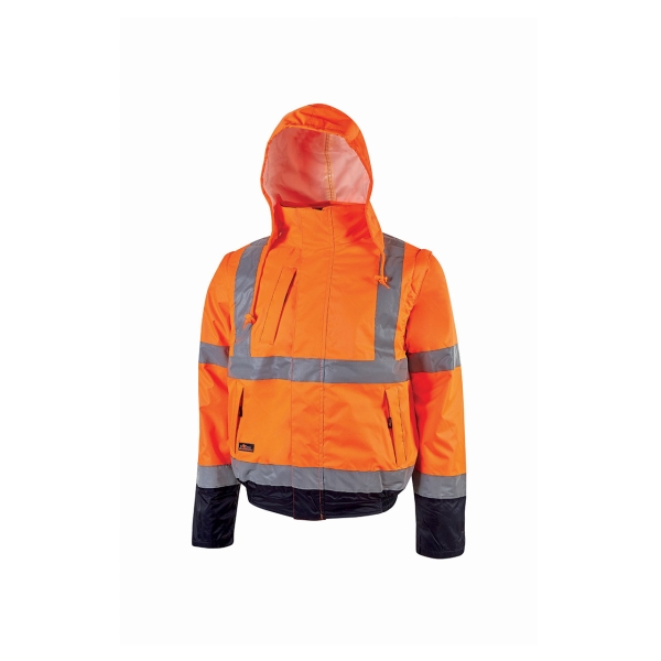 Upower Crafty Cazadora Bomber Alta Visibilidad - Talla 2XL - Mangas Separables, Bandas Reflectantes, Antilluvia, Transpirable, Impermeable, Capucha Plegable, Proteccion DPI3 - Color Naranja