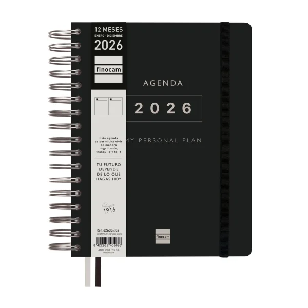 Finocam Tempus Agenda de Espiral - Anual 2026 - Tapa Extradura - Cierre de Goma - Formato 1/4 - 157x217mm - 1 Dia por Pagina - Color Negro