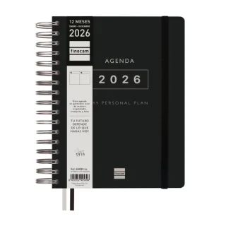 Finocam Tempus Agenda de Espiral - Anual 2026 - Tapa Extradura - Cierre de Goma - Formato 1/4 - 157x217mm - 1 Dia por Pagina - Color Negro