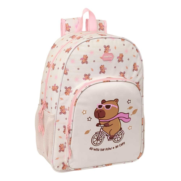 Safta Capibara Mochila - Adaptable a Carro - Bolsillo Frontal - Portabotellas - Cremallera con Doble Tirador - Asa de Mano - Hombreras y Espalda Acolchada - 33x42x14cm - Color Rosa Pastel