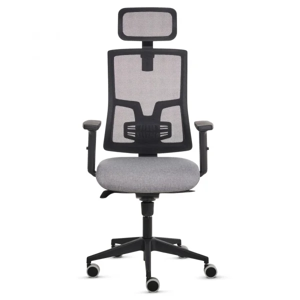 Fellowes Eleganza Plus Silla de Oficina - Respaldo de Malla Transpirable Ajustable en Altura - Soporte Lumbar Ajustable y Reposacabezas - Reposabrazos Acolchados 2D - Ajuste por Elevacion de Gas - Tejido Ignifugo y Ruedas de 65mm - Color Gris/Negro