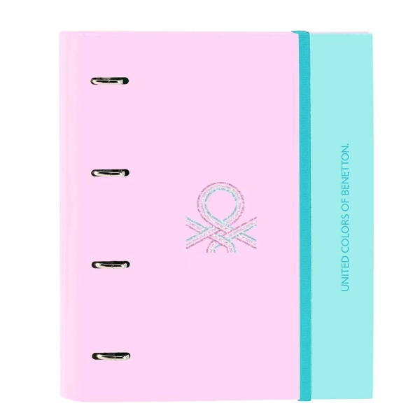 Safta Benetton Dolce Carpeta con 4 Anillas 35mm - Tapas Duras Forradas - Recambio 100 Hojas - Cierre Elastico - Incluye Separadores - Cuadricula 5x5mm - 270x35x320mm - Color Rosa