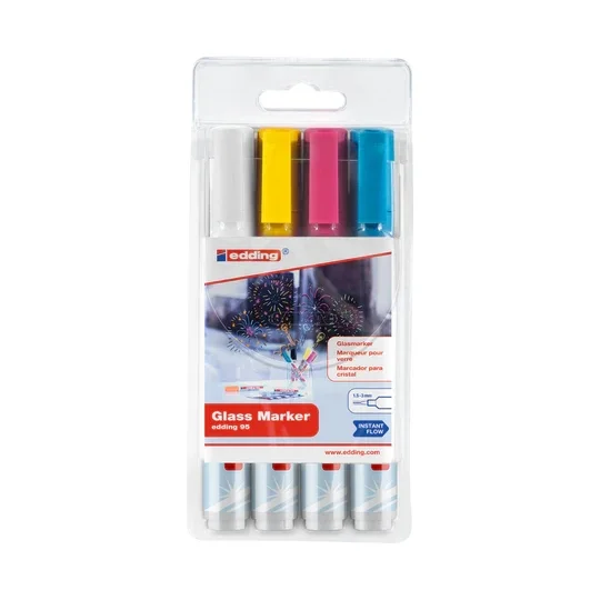 Edding 95 Pack de 4 Rotuladores para Cristal - Punta Redonda - Trazo 1.5-3mm - Colores Blanco, Amarillo, Rosa y Azul