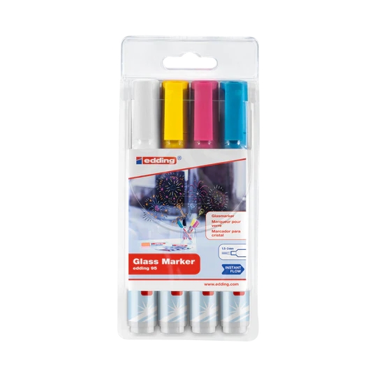 Edding 95 Pack de 4 Rotuladores para Cristal - Punta Redonda - Trazo 1.5-3mm - Colores Blanco, Amarillo, Rosa y Azul
