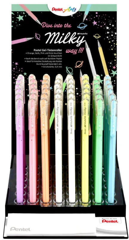 Pentel Hybrid Milky Expositor de 48 Boligrafos de Bola - Punta Fina 0.8mm - Trazo 0.4mm - Tinta de Gel Opaca - Colores Surtidos