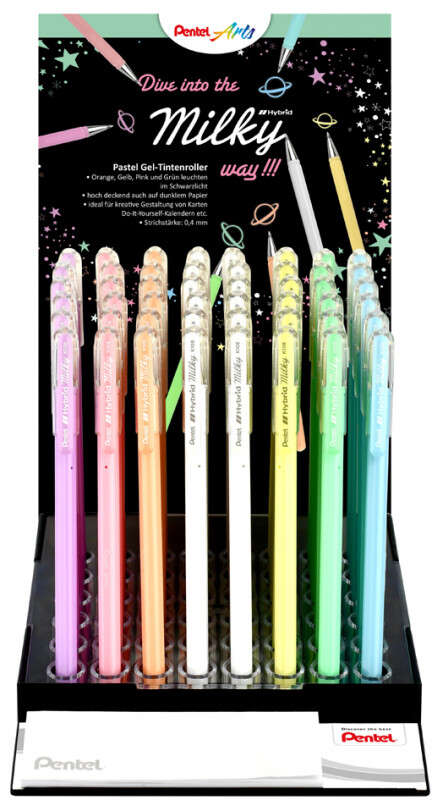 Pentel Hybrid Milky Expositor de 48 Boligrafos de Bola - Punta Fina 0.8mm - Trazo 0.4mm - Tinta de Gel Opaca - Colores Surtidos