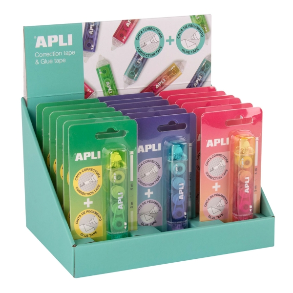 Apli Correct & Glue Expositor de 18 Correctores + Adhesivo 2 en 1 - Aplicacion Limpia y Precisa - Rapida Cobertura - Cuerpo en Colores Surtidos