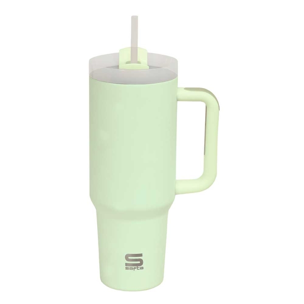 Safta Vaso con Asa Termico - Capacidad 1.2L - Pajita - Base Antideslizante - Acero Inoxidable - Doble Pared - 12h Caliente - 24h Frio - 10x26.5cm - Color Menta