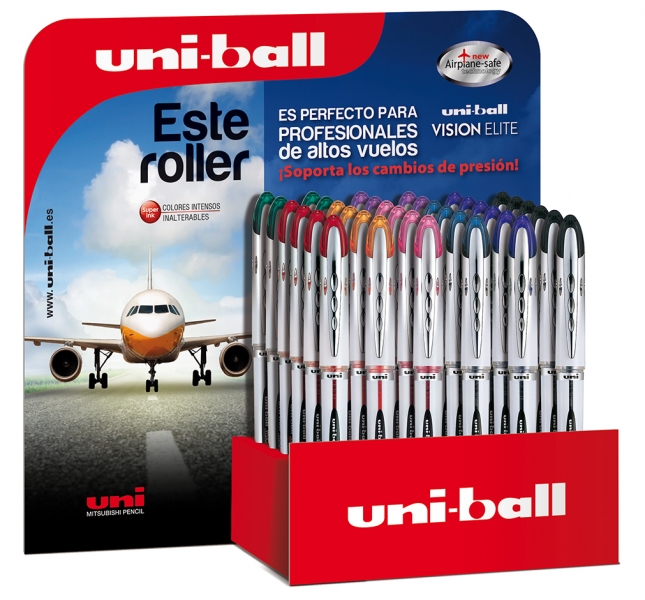 Uni-ball Vision Elite UB-200 Expositor de 36 Rollerballs de Tinta Liquida - Punta de Bola 0.8mm - Sistema Antifugas para Viajes - Cartucho Recambiable - Color Surtido · Pack de 36 uds.