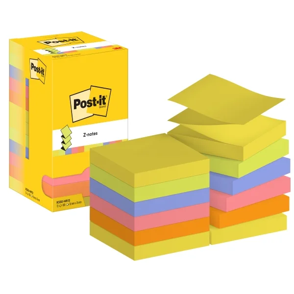 Post-It Pack de 12 Blocs de 100 Z-Notas Adhesivas Reposicionables - Forma Cuadrada - 76x76mm - Colores Surtidos