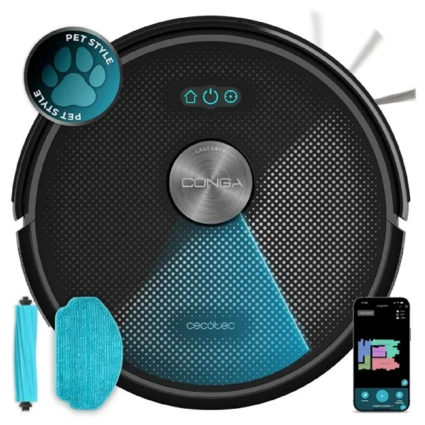 Cecotec Conga M70 Genesis Robot Aspirador - Navegacion Laser - Bluetooth y WiFi - Succion hasta 20kPa - Cepillo de Silicona, Especial para Casas con Mascotas - Control con App - Color Negro