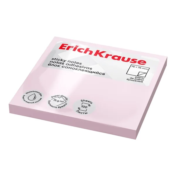 ErichKrause Bloc de 100 Notas Adhesivas Reposicionables - Papel de 75g/m2 - 75x75mm - Pegamento a Base de Agua - Color Rosa · Pack de 12 uds.