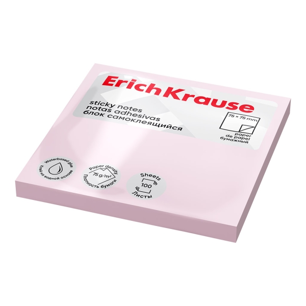 ErichKrause Bloc de 100 Notas Adhesivas Reposicionables - Papel de 75g/m2 - 75x75mm - Pegamento a Base de Agua - Color Rosa · Pack de 12 uds.