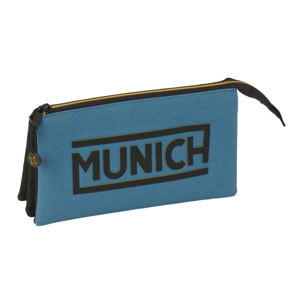 Safta Munich Portatodo - 3 Compartimentos con Cremallera - Bolsillo Interior Central - 22x12x3cm - Color Negro y Azul