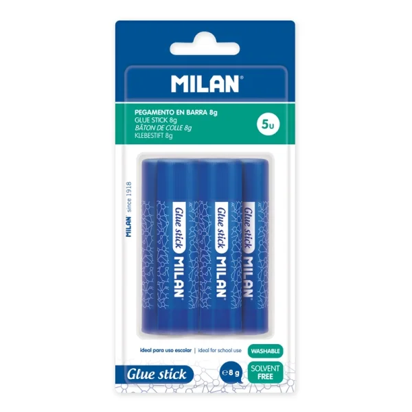 Milan Pack de 5 Barra de Pegamento 8 g - Multiusos - Multisuperficies - Sin Disolventes - Uso Escolar - Color Azul
