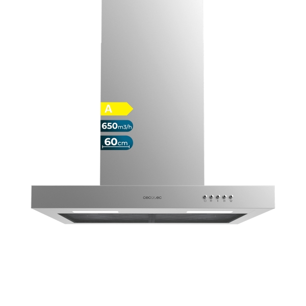 Cecotec Bolero Flux TM 606500 Inox A Campana Extractora de 60cm - 165W - Succion 650m3/h - Luz LED - Incluye Accesorios - Acero Inoxidable - Kit de Montaje - Filtros de Carbono Incluidos - C
