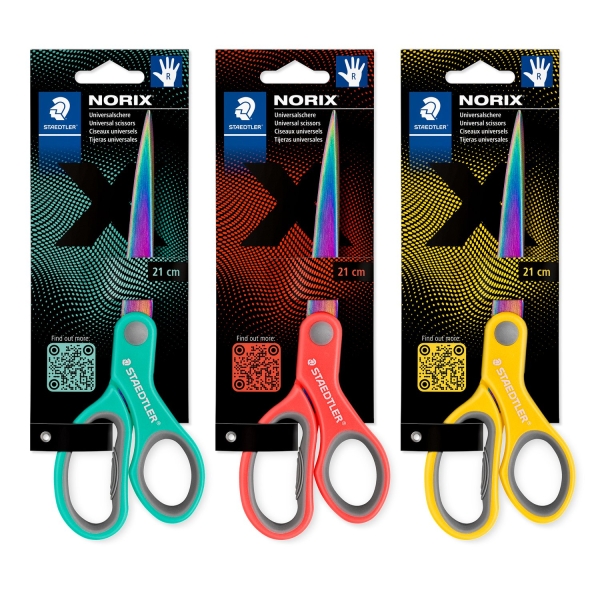Staedtler Norix 965 Tijeras Escolares 21cm - Hojas de Acero Inoxidable con Apariencia de Titanio - Uso Diestro - Agarre Ergonomico - Colores Surtidos · Pack de 12 uds.