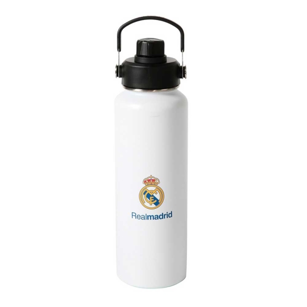 Safta Real Madrid Botella Isotermica - Capacidad 1.2L - Pajita Interior - Revestimiento Interior de Cobre - Tapa Antifugas - 12h Caliente - 24h Frio - 9.3x30cm - Color Blanco