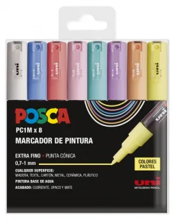 Posca PC1M Pack de 8 Marcadores de Pintura - Punta Conica 0.7mm - Tinta Base al Agua - No Permanente - Resistente a la Luz - Inodoro - Ideal para Carteleria y Decoracion - Colores Surtidos P