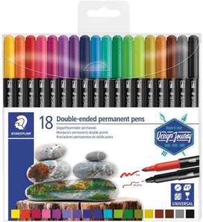 Staedtler 3187 Pack de 18 Rotuladores Permanentes de Doble Punta - Resistente al Agua - Secado Rapido - Colores Surtidos
