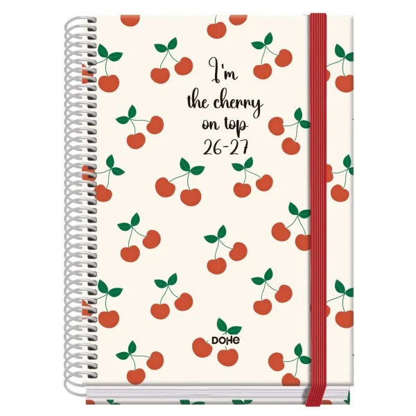 Dohe Prime Cerezas Agenda Escolar 26/27 - Formato A5 - Dia Pagina - Papel Offset Ahuesado 70g - Cubierta de Carton Plastificado - Espiral - Goma - 15x21x4cm - Multicolor