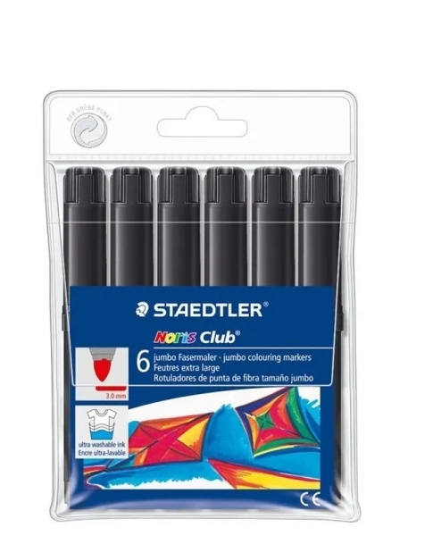 Staedtler Noris Jumbo 340 Pack de 6 Rotuladores Jumbo - Punta de Fibra - Trazo 3mm - Tapa Ventilada - Color Negro