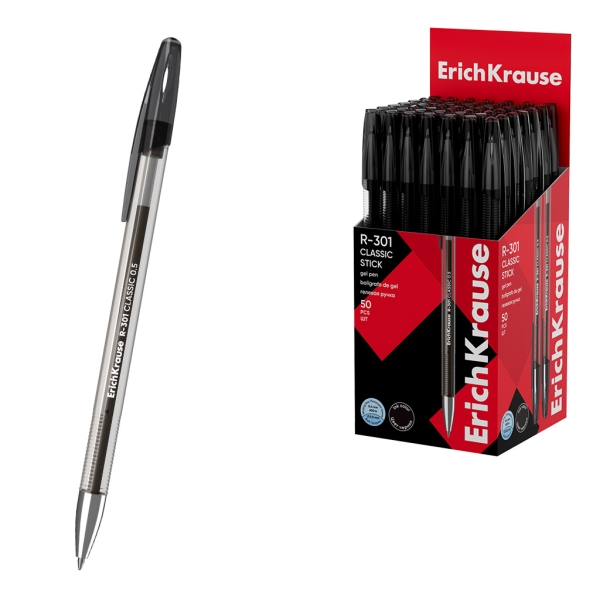 ErichKrause R-301 Gel Stick Classic Boligrafo con Capuchon - Punta de 0.5mm - Trazo 0.4mm - Tinta de Gel - Resistente al Agua - Secado Rapido - Color Negro · Pack de 50 uds.