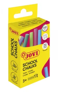 Jovi School Chalks Caja de 10 Tizas - Compactas - sin Polvo - Materias Primas Naturales - Trazos Nitidos - Faciles de Borrar - Resistentes - Poco Resto de Polvo - Color Surtido
