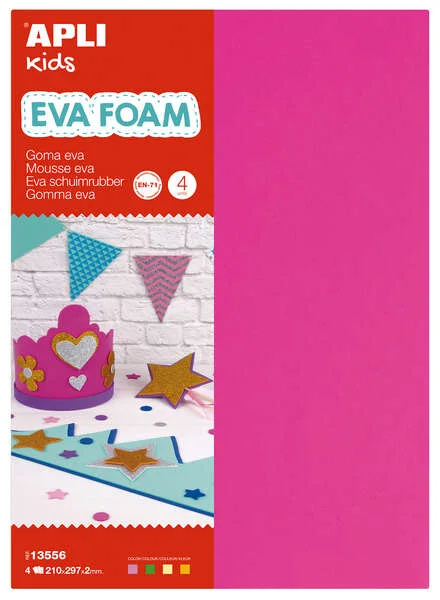 Apli Goma Eva Fluorescente - Medida A4 - 4 Hojas - Fucsia, Verde, Amarillo y Naranja
