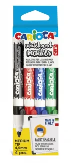 Carioca Whiteboard Clip Pack de 4 Rotuladores Borrables para Pizarras Blancas - Punta Media - Punta de Ø 4.5mm - Tapa con Clip - Secado Rapido - Color Varios