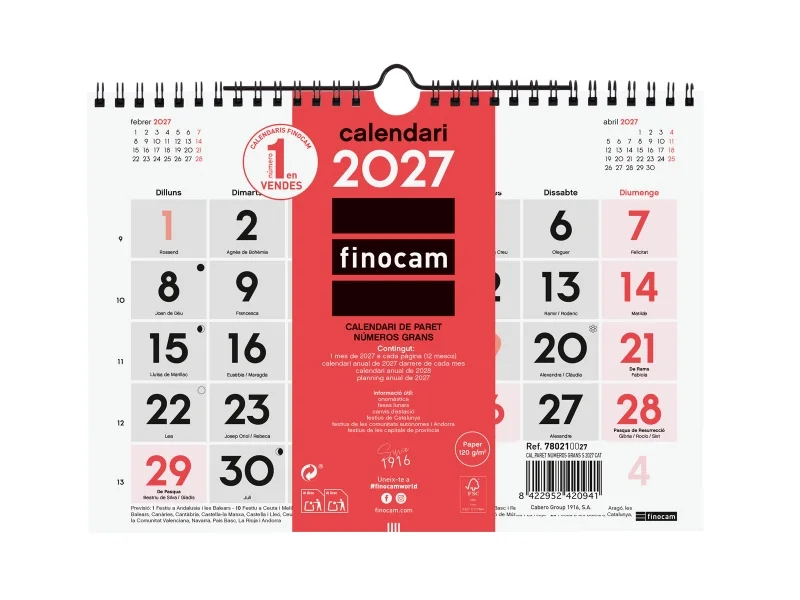 Finocam Neutro Calendario de Pared en Catalan - Anual 2027 - Mes Vista - Formato S - 210x150mm - Espiral Doble - Papel de 120g/m2 - Numeros Grandes - Color Rojo y Blanco