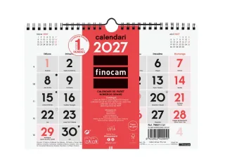 Finocam Neutro Calendario de Pared en Catalan - Anual 2027 - Mes Vista - Formato S - 210x150mm - Espiral Doble - Papel de 120g/m2 - Numeros Grandes - Color Rojo y Blanco