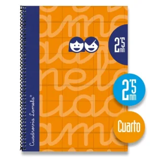 Lamela Cuaderno Espiral con 80 Hojas de 70g/m2 con Margen - Formato Cuarto - Pauta Cuadrovia de 2.5mm - Cubierta Extra Dura - Papel Offset Blanco Extra - Color Naranja