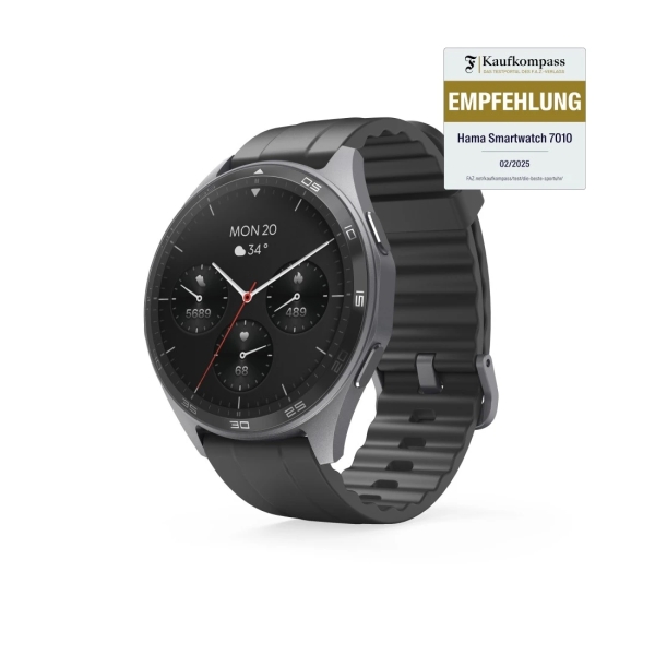 Hama 7010 Reloj Inteligente Smartwatch - Bluetooth 5.3 - Bateria 300mAh - Pantalla AMOLED 1.43" - IP68 - Soporta hasta 3 Atm - Pulsera de Silicona - GPS Integrado - 4.6x1.2x5.3cm - Color Gri