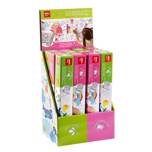 Apli Expositor de Rollos de Papel Adhesivo para Pegar y Colorear - Tamaño 30Cmx4M - 12 Rollos con Diseños de Transportes y Candy Land - Adhesivo Removible - Alto Valor Didactico - Color Blan