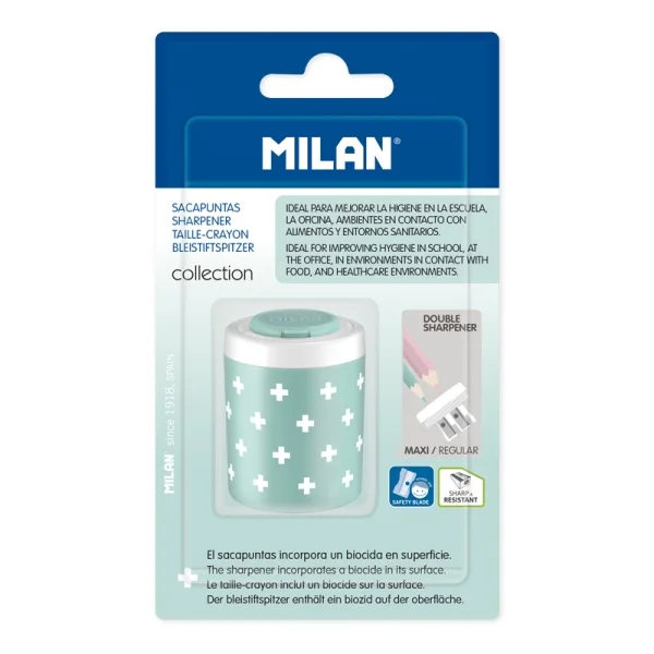 Milan Collection + Sacapuntas Doble con Deposito - Agujero Normal y Maxi - Superficie Antibacteriana - Color Turquesa