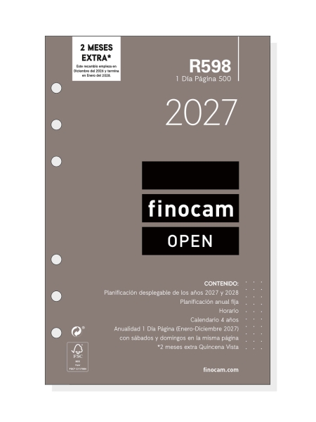 Finocam R598 Recambio para Agenda Open - Anual 2027 - 1 Dia por Pagina - Formato 500 - 117x181mm - 6 Taladros - Papel de 70g/m2 - Color Blanco